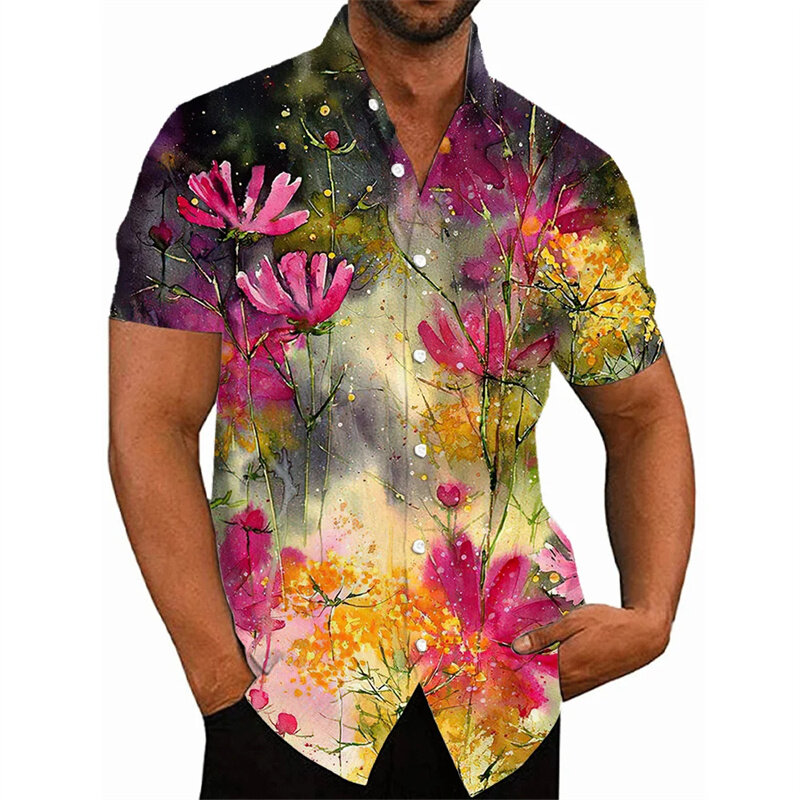 Harajuku kemeja motif bunga 3D baru musim panas kaus pendek grafis bunga warna-warni untuk pria blus pakaian jalanan mode