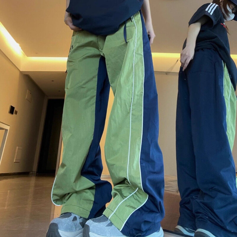 Быстросохнущие спортивные брюки для женщин в американском стиле ретро, повседневные уличные свободные широкие штаны с цветными блокировками, зеленые брюки для бега