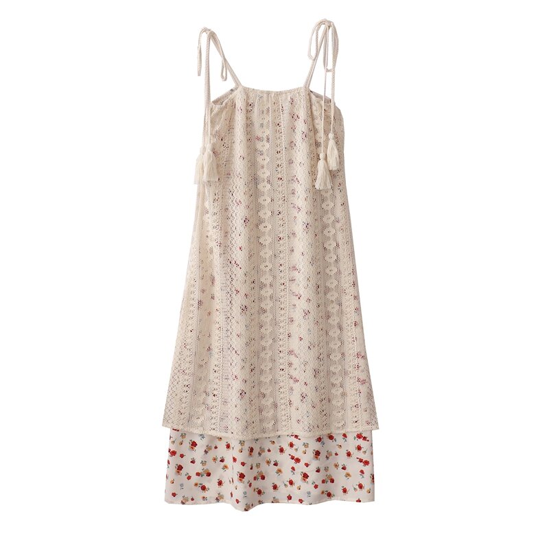 Estilo de praia borla vestido de renda verão feminino alças de espaguete floral falso duas peças vestidos elegante moda saia longa