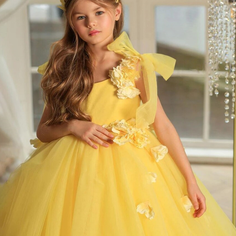 Vestidos de niña de las flores, tul amarillo hinchado, lazo de pétalo 3D, sin mangas para boda, fiesta de cumpleaños, banquete, vestidos de primera comunión