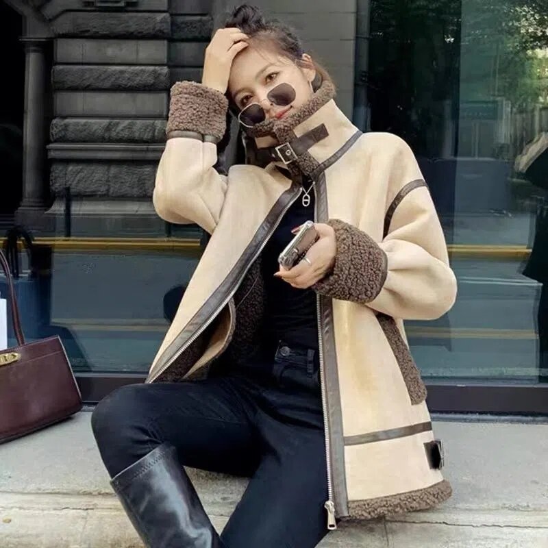 Lamb Fur Coat Female New Fall/Winter 2023 Loose Versatile Fur Coats Women Add Velvet And thickened Motorcycle Clothing Jacket