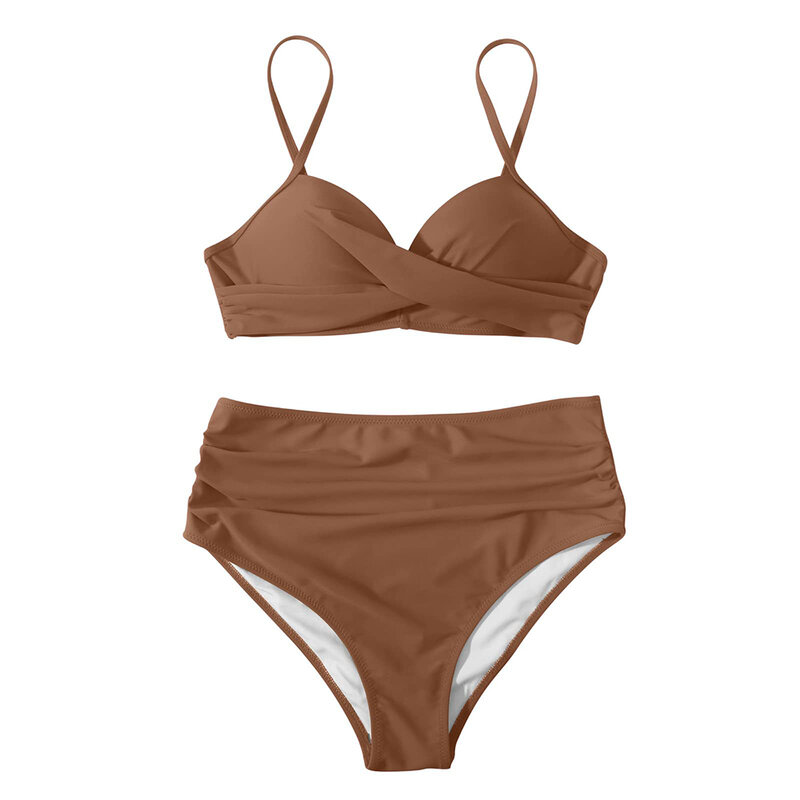Conjunto de Bikini de estilo veraniego para mujer, traje de baño de Color sólido con sujetador de realce y bragas de cintura alta