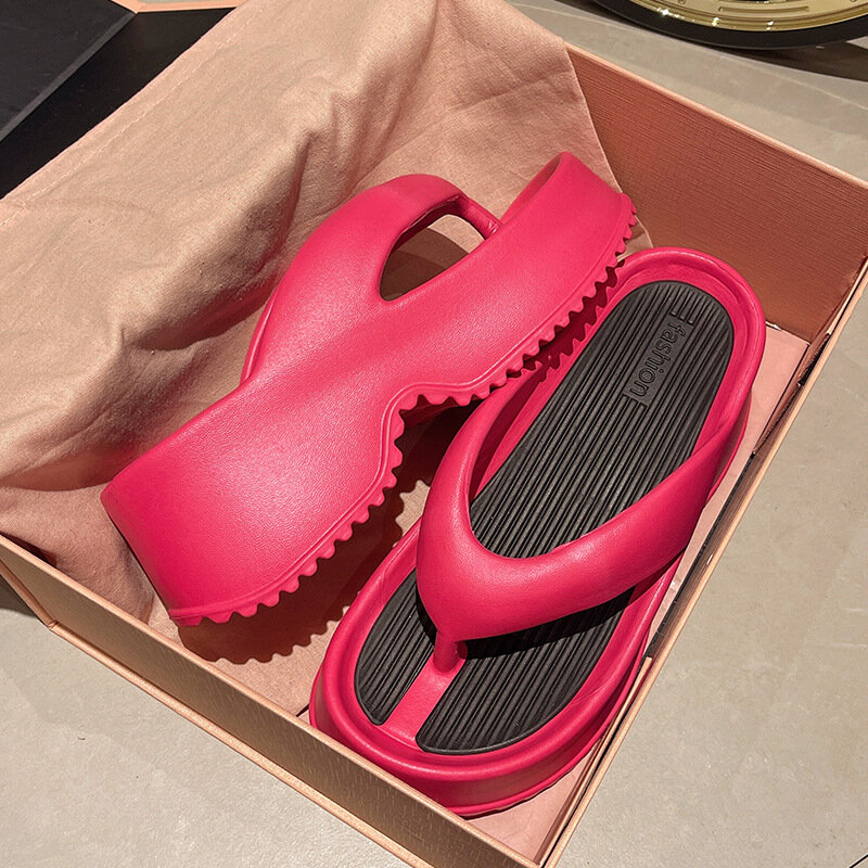 Sandal Flip flop wanita, Kasut Herringbone sol tebal untuk Perempuan Musim Panas 2024 penambah tinggi pantai EVA
