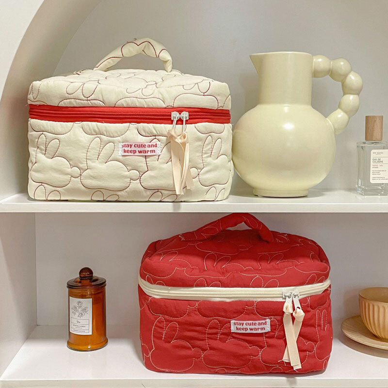 Ins coniglio trapuntato cotone Flip Cosmetic Bag custodie Lady Makeup Pouch Travel Organizer Storage Bags con cerniera