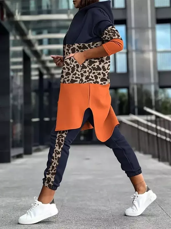 2024 Winter Sets Outifits F/W New Leopard Print Colorblock felpa con cappuccio cappotto e pantaloni con risvolto Set di due pezzi Casual di moda