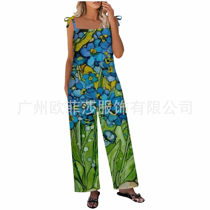 Macacão com estampa de folhas femininas, macacões casuais, calças elegantes de perna larga, roupas femininas da moda, verão, 1 pc