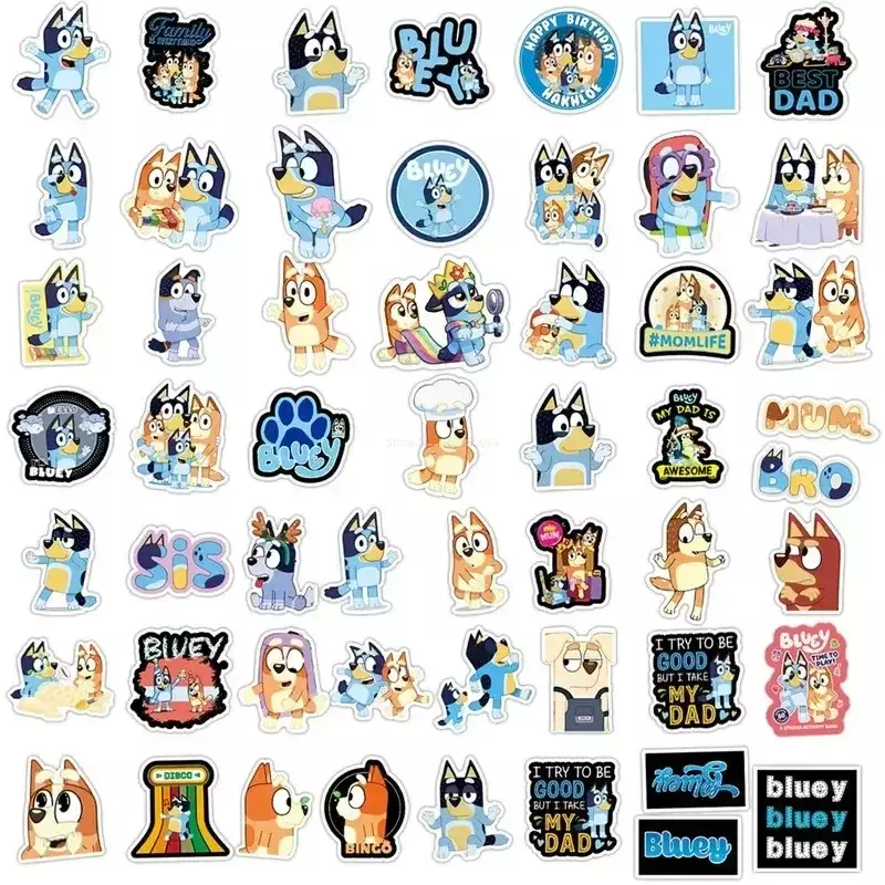 50 buah/tas stiker kreatif kartun lucu Bluey Graffiti, Stiker meja komputer koper gitar tahan air alat tulis mainan anak