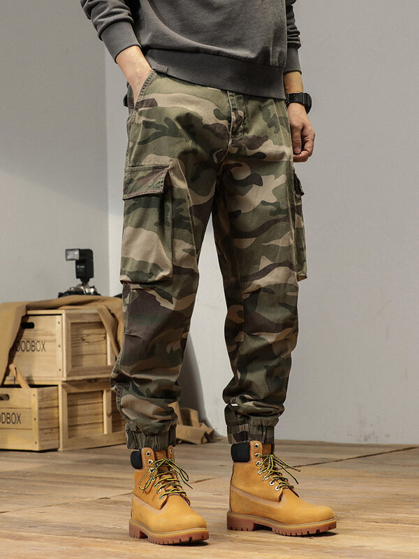 Spring Summer Camouflage Cargo Pants Men Multi-Pockets Workwear Baggy Joggers Army Military Cotton Casual Tactical Trousers