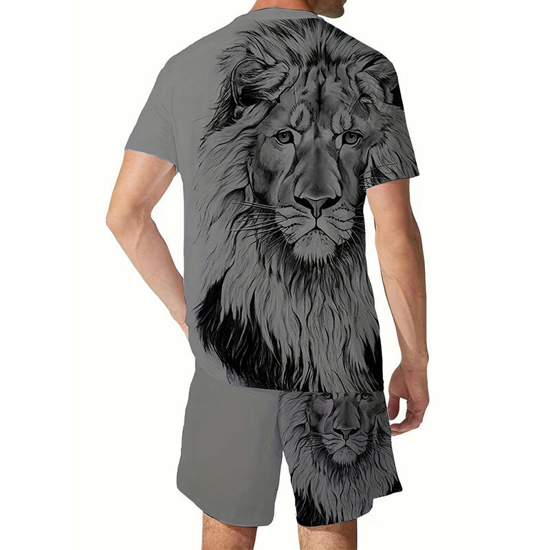 2 шт., Мужская футболка и шорты с 3D-принтом льва