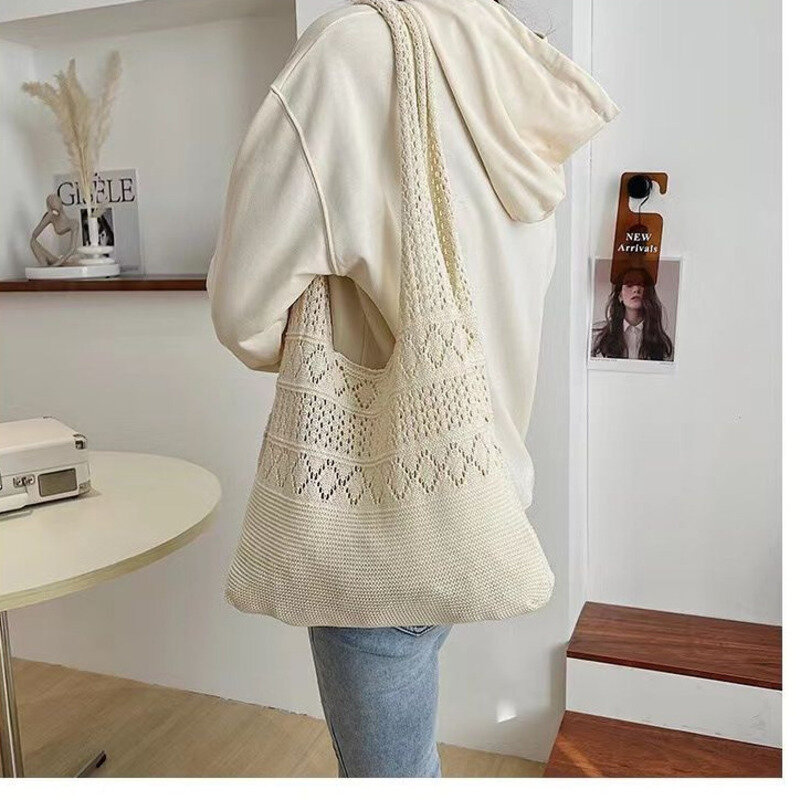 Bolso de mano de punto hueco para mujer, bolsa grande minimalista, de hombro, Color sólido, novedad de 2024