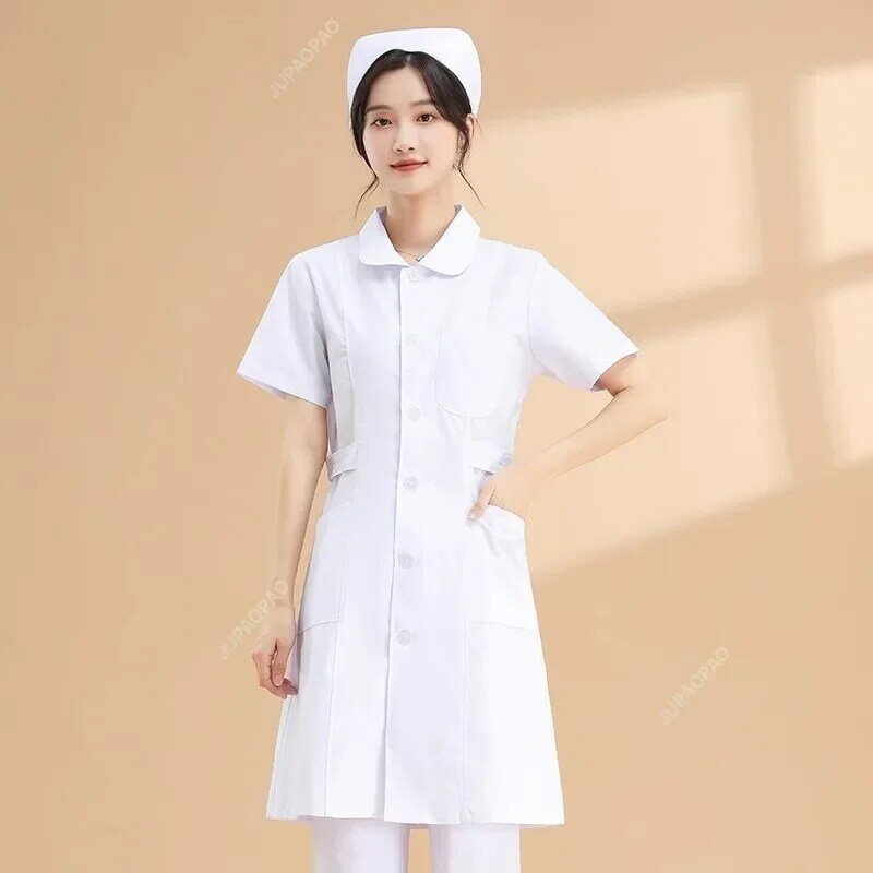 Scrub seragam gaun jubah putih wanita menyusui Scrub jaket panjang penuh poli katun SPA kecantikan dokter hewan pakaian kerja seragam
