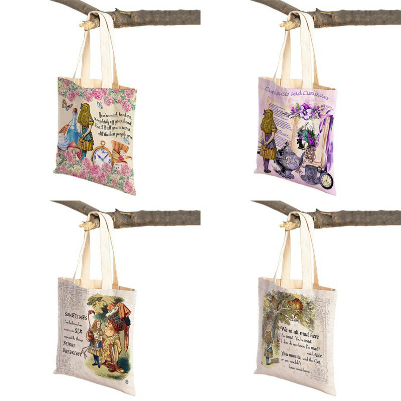 Alice In Wonderland กระเป๋าสะพายไหล่แฟชั่นช้อปปิ้งกระเป๋าถือโท้ทสำหรับผ้าใบผู้หญิง Eco พิมพ์เด็กๆลำลองอินเทรนด์