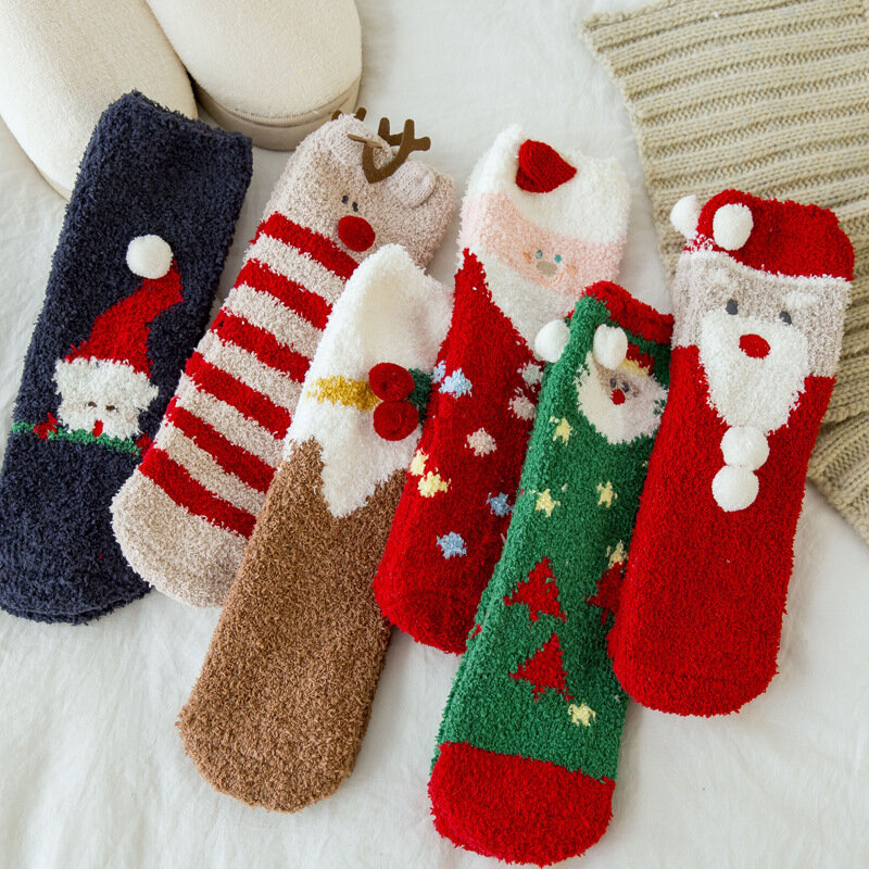 2023 New Christmas Socks Women's Mid tube Socks Pure Cotton Plush Thickened Sleep Socks Coral Plush Warm Cute Plush Short Socks