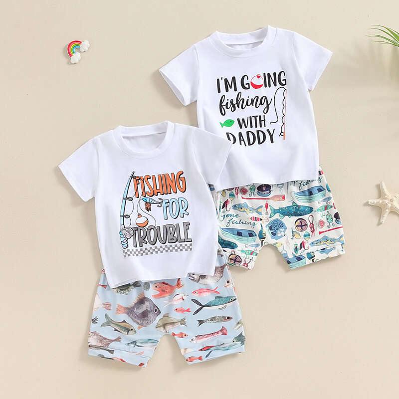 2024-04-15 Lioraitiin Toddler Boy Summer Outfit Letter Print top a maniche corte con elastico in vita modello pesce pantaloncini vestiti