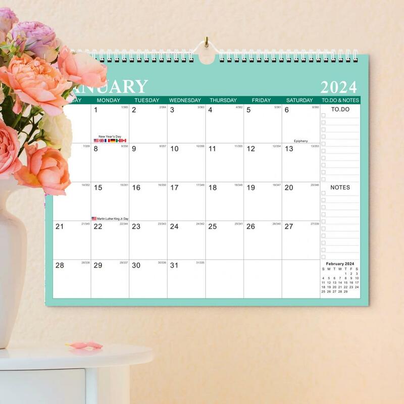 Calendario de pared en inglés, planificador mensual, gestión del tiempo, bobina de encuadernación, suministros para el hogar, 2024-2025