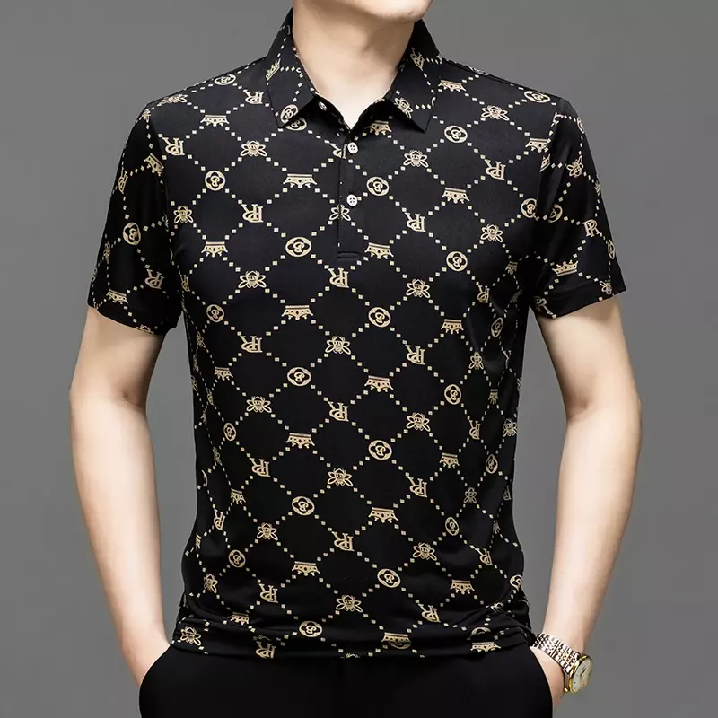 Summer Short Sleeved T-shirt, Men's Flip Collar, Ice Silk Thin, Loose, Casual, Trendy and Fashionable Print