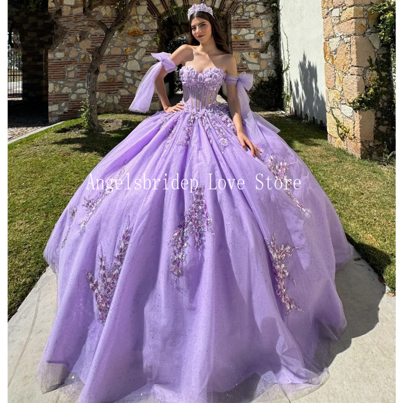 Angelsbridep 우아한 라벤더 볼 가운, 15 세 성인식 드레스, 3D 꽃 공주 생일 파티 원피스, 2024