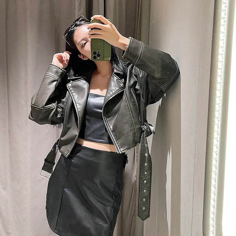 Women Leather Jacket 2023 New Lapel Belt Long Sleeve Zipper Pockets Lady Short Coat Femmle Fashion Motorcycle Leather Coat
