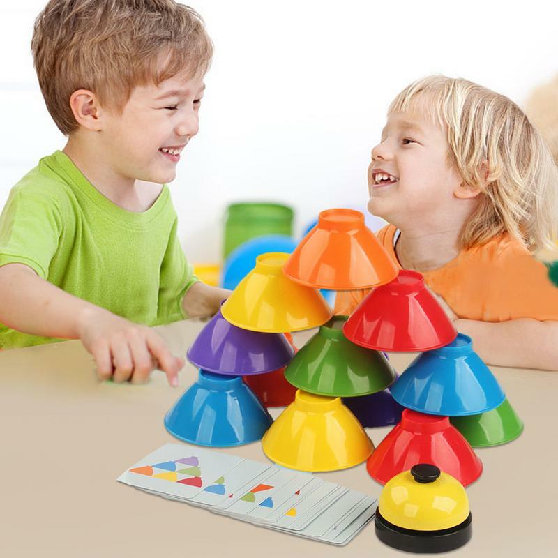 Juguete de apilamiento de cuencos de arcoíris, juguete sensorial para actividades de aprendizaje preescolar, 6 cuencos apilables con campana, rompecabezas de 25 tarjetas