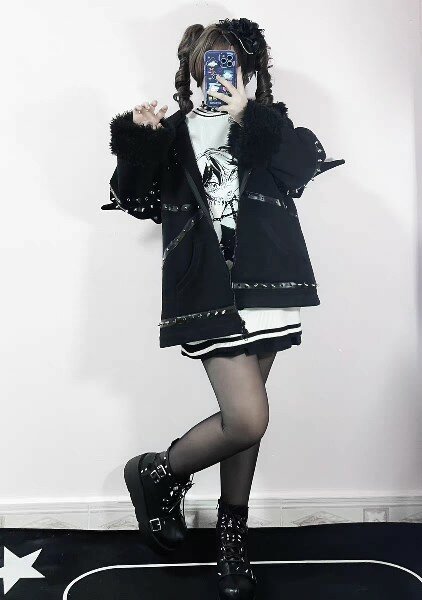 Rebite de Morcego Escuro Punk feminino Moletom acolchoado espesso, Parkas, manga comprida, casaco com capuz com zíper, outono e inverno