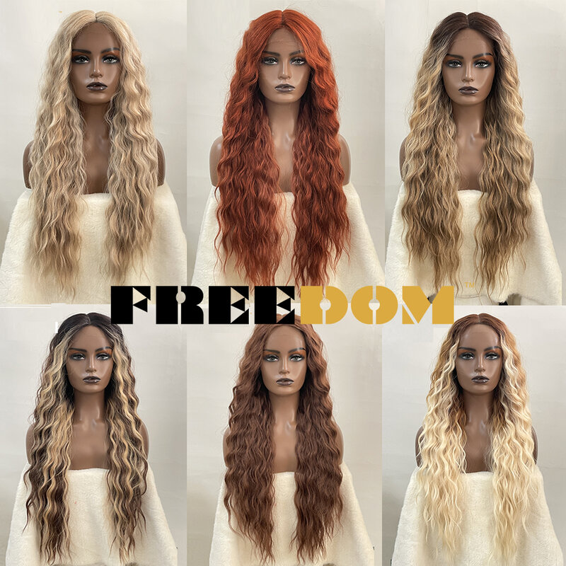 Liberdade-longa profunda ondulada Ombre peruca de renda sintética para mulheres negras, loira, gengibre, resistente ao calor, cosplay perucas