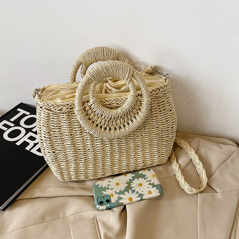 HOCODO женская Соломенная пляжная сумка ручной работы, плетеные сумки на шнурке через плечо, женская сумка из ротанга, летняя соломенная сумка через плечо