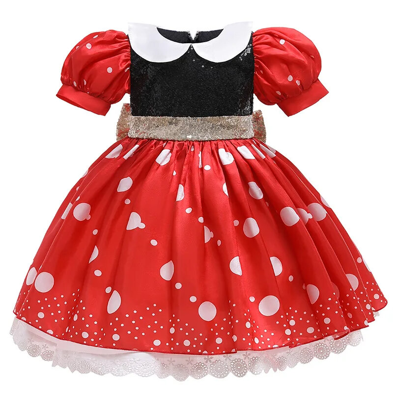 Vestido de Mickey y Minnie para niña, disfraz de dibujos animados, manga corta de lunares, ropa de princesa para verano