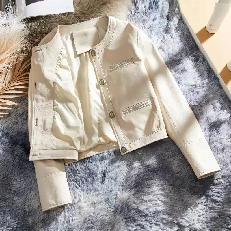 Jaket Kulit Asli Tajiyane untuk Wanita Baru Musim Semi Musim Gugur Jaket Kulit Domba Mode Oneck Mantel Kulit Jaqueta Feminina SGG1041