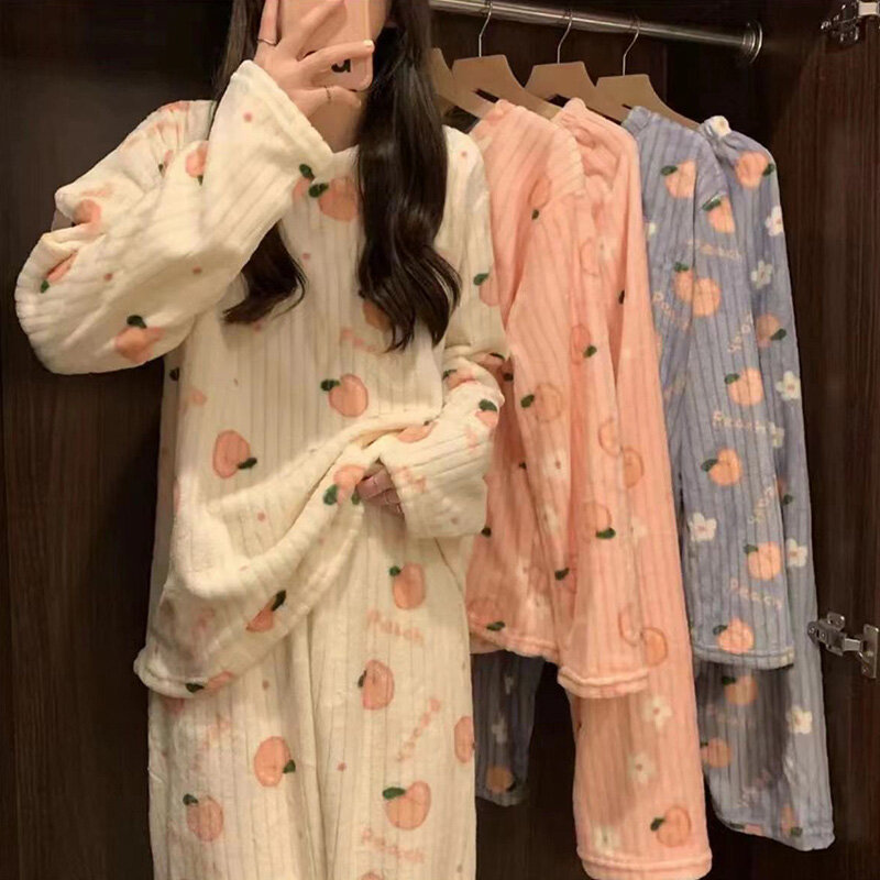 New Women Pyjamas Sets 2023 Autumn Winter Warm Flannel Thick Homewear Long Sleeve Cartoon Sleepwear Female Pajamas Suit Wearable