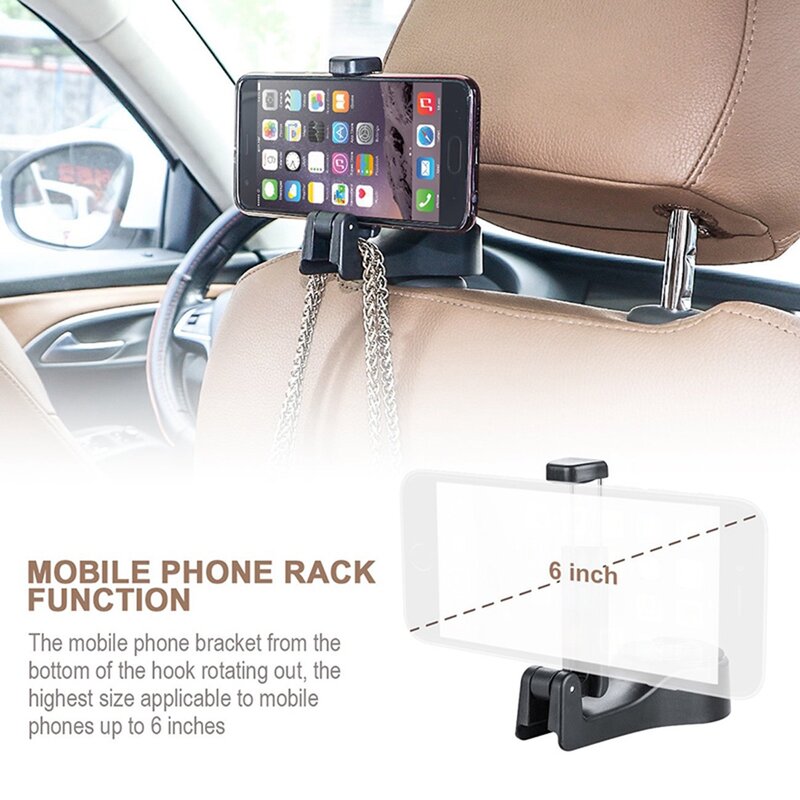 Universal Car Headrest Phone Mount, gancho do assento traseiro, gancho do veículo para sacola de compras, bolsa, 2 pcs, 2 em 1