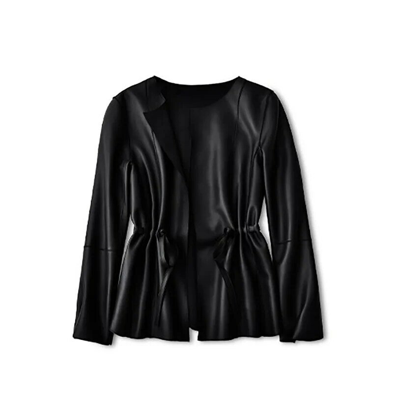 Jaqueta de pele de carneiro genuína para mulheres, casaco curto com cintura de cordão, tops finos, primavera e outono
