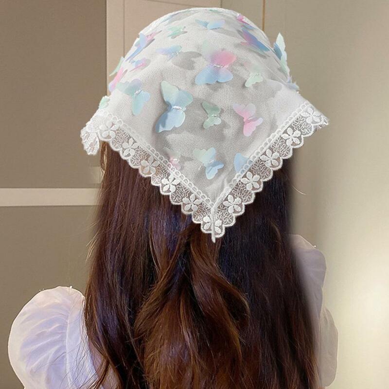 Syal segitiga renda bunga bordir syal kecil warna Solid syal Bandana kepala selendang leher Hijab rajut B4H1