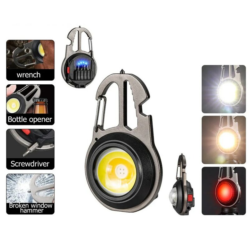 Outdoor Mini LED Lanterna Keychain, Portable USB Recarregável Abridor de garrafas, Forte Chaveiro Tocha, Luz de trabalho, 500LM, 7 Modos