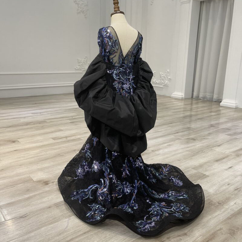 Детское черное изысканное платье-Русалка с цветочной вышивкой