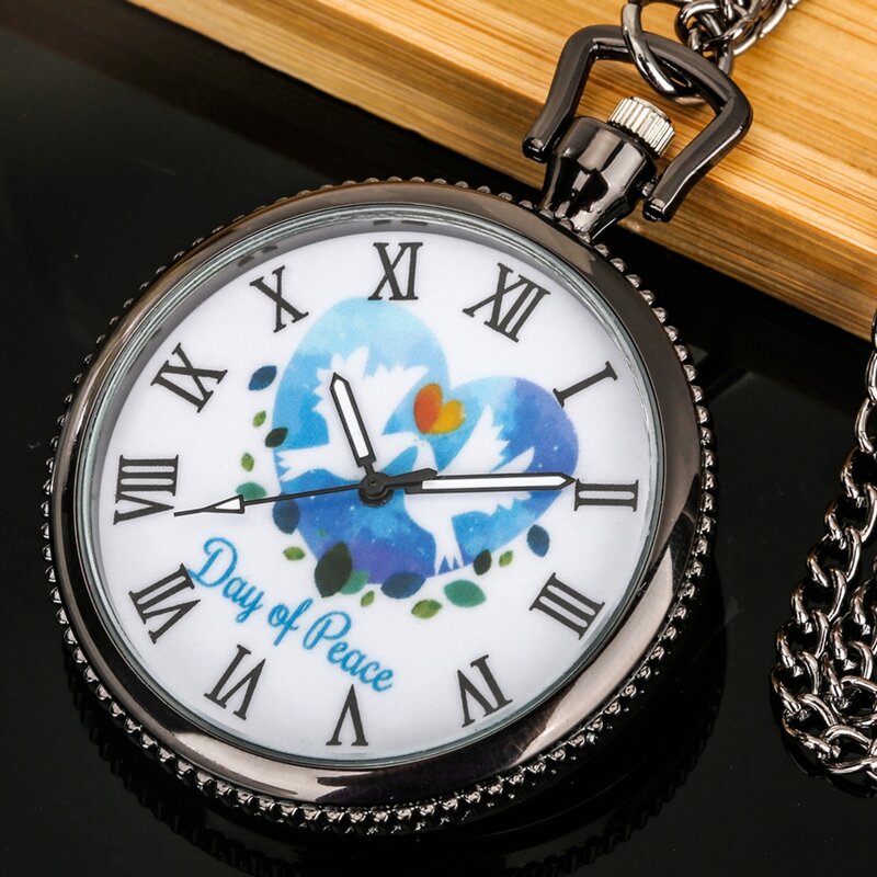 Gołąbek pokoju miłość z designem serca zegarek kieszonkowy kwarcowy dzień pokoju słowa naszyjnik wisiorek prezenty pamiątkowe zegar dla kobiet mężczyzn 2022
