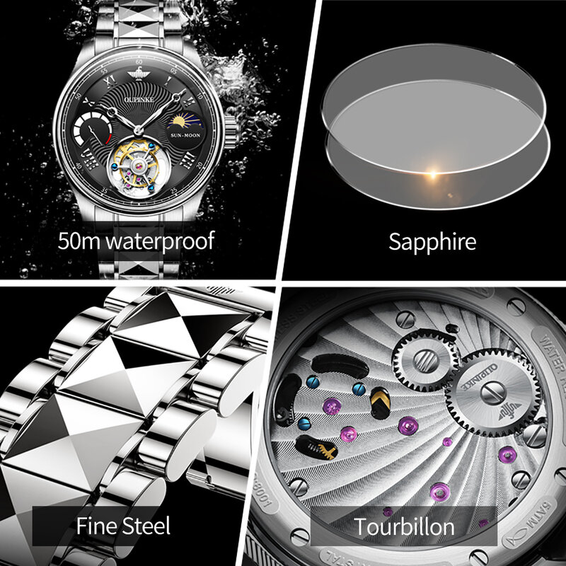 OUPINKE-Tourbillon relógio mecânico automático masculino, safira original, espelho de cristal, esqueleto de luxo, marca superior suíça