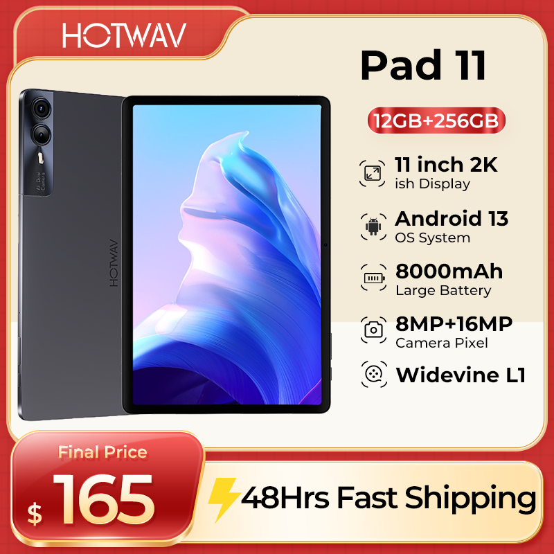 HOTWAV Pad-Tableta Android de 11 pulgadas, dispositivo con batería de 2024 mAh, modo de PC, 12(6 + 6)GB, 8000 GB, Widevine L1, Luz Azul baja, 256