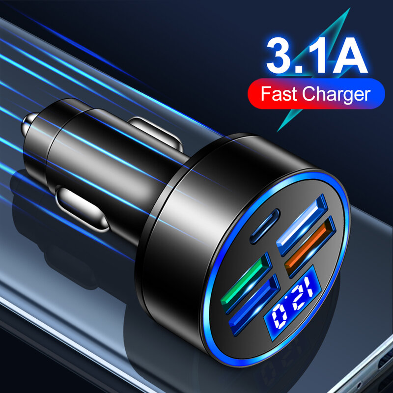 4 Ports USB C Car Charger For iPhone Xiaomi Type C PD Mobile Phone Charger Digital Display Mini Fast Charging Adapter