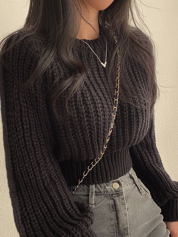 Vintage Harajuku Lantern z długim rękawem damski sweter na co dzień koreański, jesienny zimowa dzianina miękka ciepłe bluzki szykowna, solidny sweter Femme