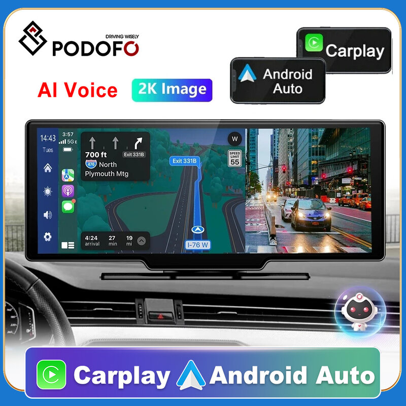 Podofo سيارة مرآة تسجيل الفيديو Carplay و أندرويد السيارات اتصال لاسلكي لتحديد المواقع والملاحة لوحة القيادة DVR AI صوت