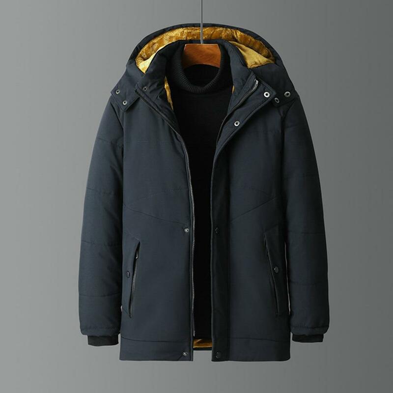 남성용 겨울 코튼 코트, 두꺼운 후드 분리형 모자, 방풍, 중간 길이, 부드러운 포켓, 지퍼, 머리 보호, 겨울 재킷
