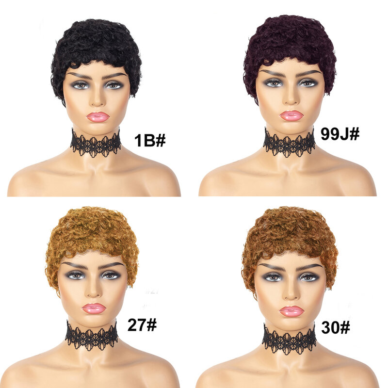 Perruques courtes bouclées afro avec frange pour femmes, coupe Pixie, perruques bouclées moelleuses africaines, document de vin rouge blond 1B, 100% cheveux humains