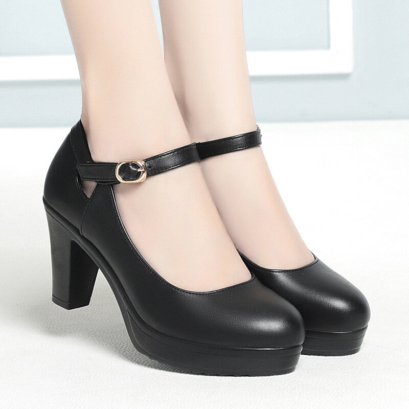 Zapatos de cuero suave para mujer, zapatos de plataforma con punta redonda, tacón grueso, temperamento de moda, elegantes, color negro