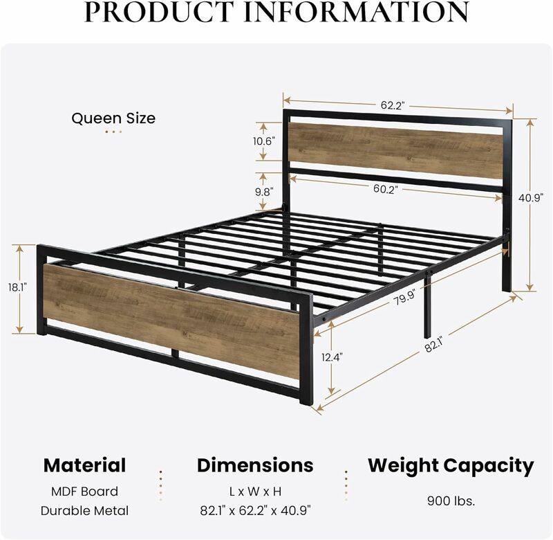 Large metal platform bed frame, wooden headboard heavy sturdy support large storage space no need for spring box, brown