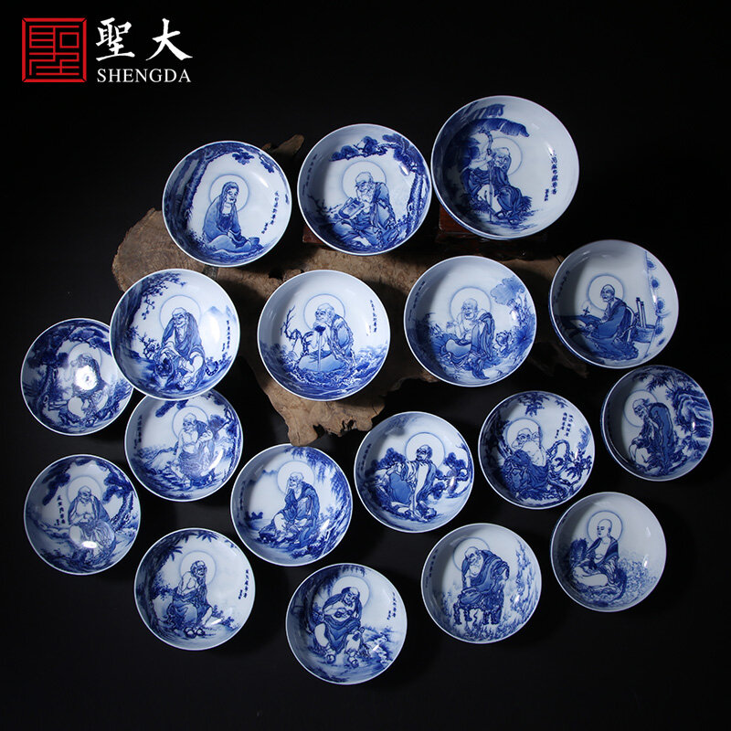 Blu e bianco 18 arhat tazze da tè in ceramica dipinta a mano curios kung fu maestro di jingdezhen servizio da tè campione tazza da tè