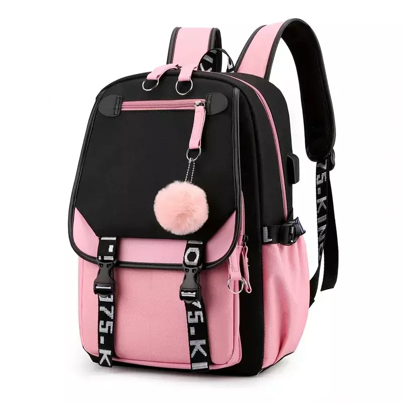Tas sekolah besar untuk remaja perempuan, tas sekolah kanvas Port USB, tas buku siswa, tas ransel sekolah mode HITAM Pink remaja