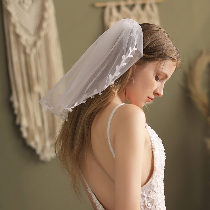 2 طبقات حجاب الزفاف يترك ديكور 14.6 بوصة قصيرة الطول شفاف تول حجاب الوهم لحفلات الزفاف تأثيري صور الدعائم 634D