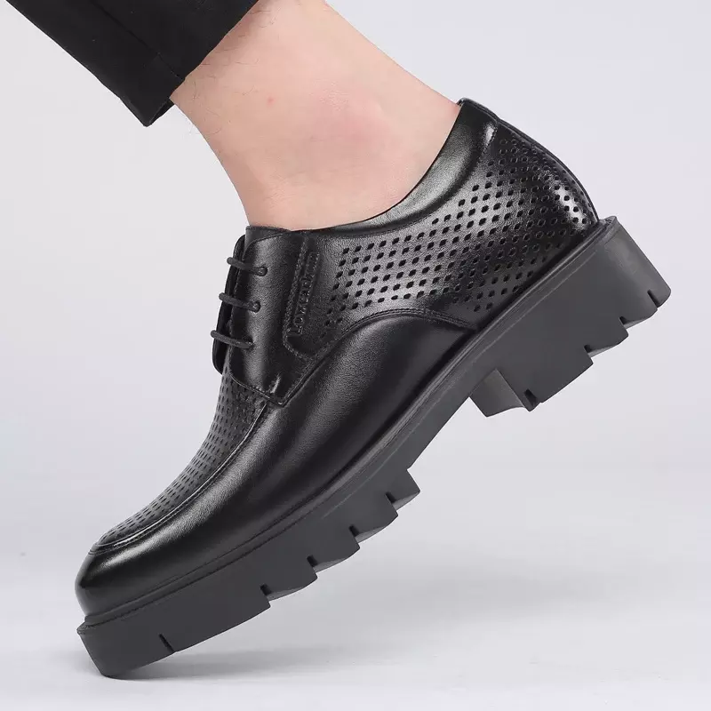 Zapatos de cuero genuino ahuecados para hombres, tacones de plataforma, aumento de altura, zapatos de vestir, verano, 8cm, 10cm