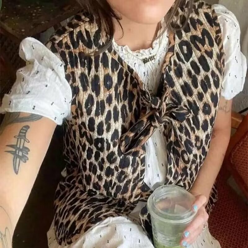 ZAURA-Chaleco con estampado de leopardo para mujer, ropa con cuello en V, decoración de lazo, a la moda, novedad de primavera y verano, 2024