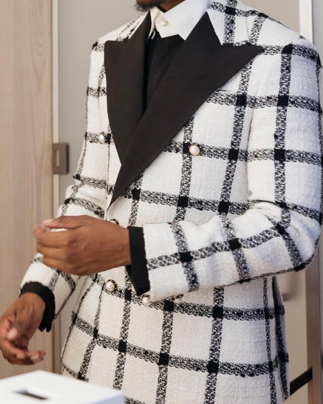 체크 무늬 남성용 웨딩 수트, 더블 브레스트 턱시도, 피크 라펠 슬림핏, 신랑 착용, 비즈니스 사무실 재킷 및 바지, 2 피스